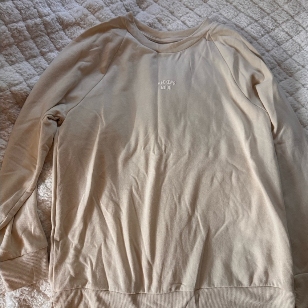Colsie “Weekend Mood” Beige Sweatshirt | Cozy Neutral Pullover | Loungewear